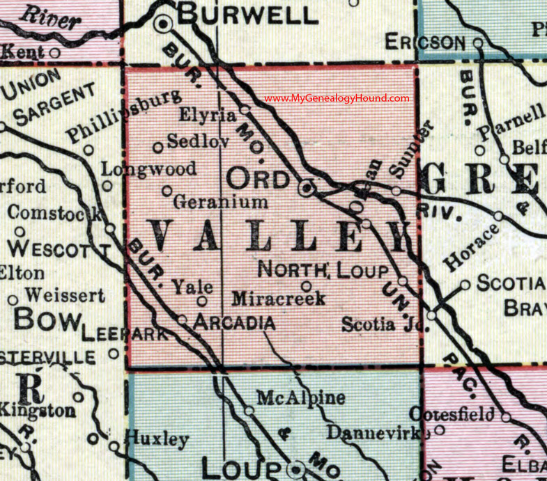 Valley County, Nebraska, map, 1911, Ord, Arcadia, North Loup, Elyria, Sumter, Olean, Sedlov, Yale, Miracreek, Geranium