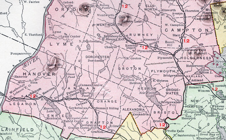 Enlarged map of the southern portion of Grafton County, New Hampshire, 1912.