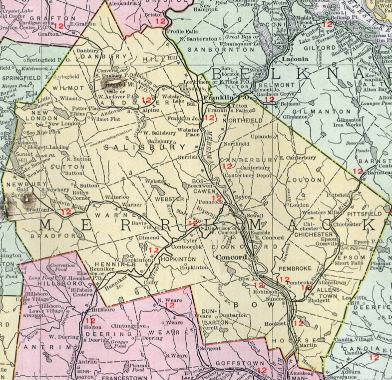 NH Merrimack County New Hampshire Map 1912 Rand McNally 