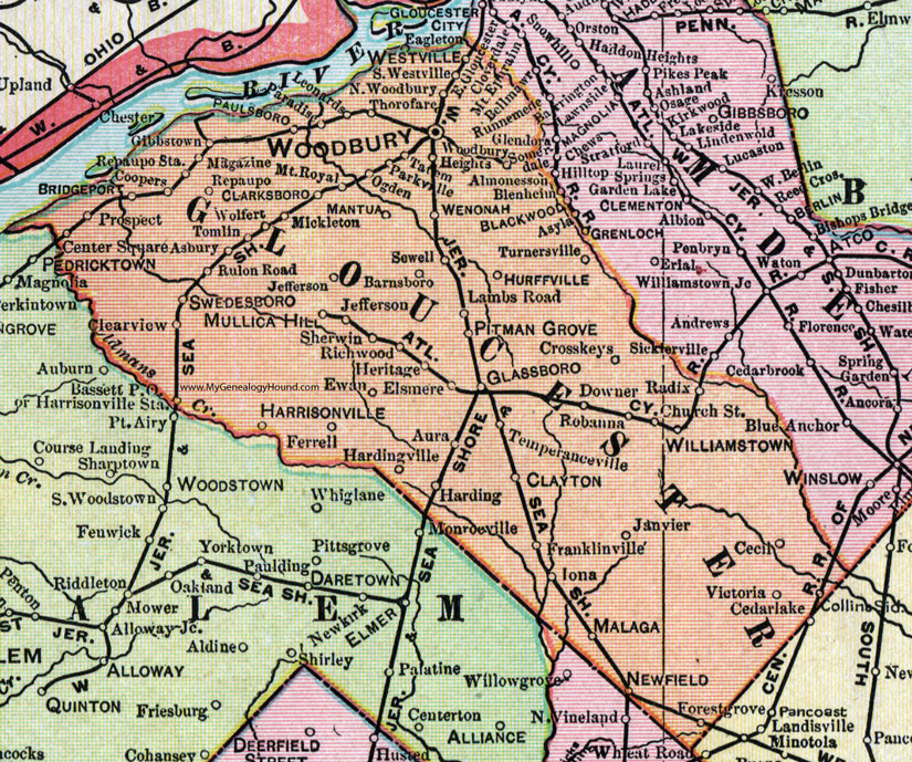 Gloucester County, New Jersey, 1905, Map, Cram, Woodbury, Glassboro, Williamstown, Swedesboro, Clayton, Newfield, Harrisonville, Westville, Pitman Grove, Malaga