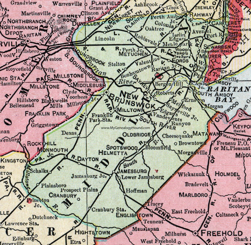 Middlesex County, New Jersey, 1905, Map, Cram, New Brunswick, Perth Amboy, Carteret, Sayreville, Metuchen, Milltown, Monmouth Junction, Spotswood, Old Bridge, Jamesburg