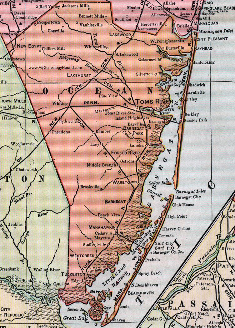 Ocean County, New Jersey, 1905, Map, Cram, Toms River, Lakehurst, Whiting, Manahawkin, Beach Haven, Lakewood, Bayhead, New Egypt, Barnegat Park, Waretown, Barnegat