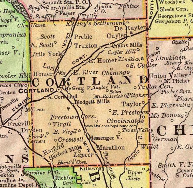 Cortland County, New York 1897 Map by Rand McNally, Homer, McGraw, Cincinnatus, Little York, Preble, Blodgett Mills, East Freetown, Marathon, Willet, Truxton, NY