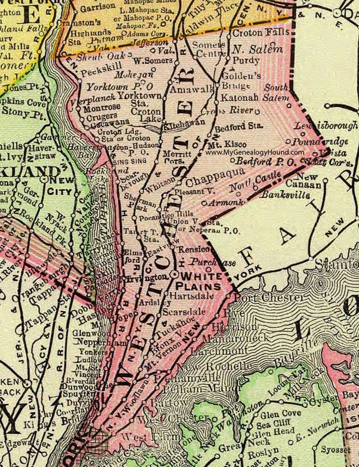 Westchester County, New York 1897 Map by Rand McNally, White Plains, Peekskill, Yonkers, Yorktown, Mt. Kisco, Croton-on-Hudson, Pleasantville, New Rochelle, Scarsdale, Irvington, Dobbs Ferry, Armonk, Chappaqua, NY