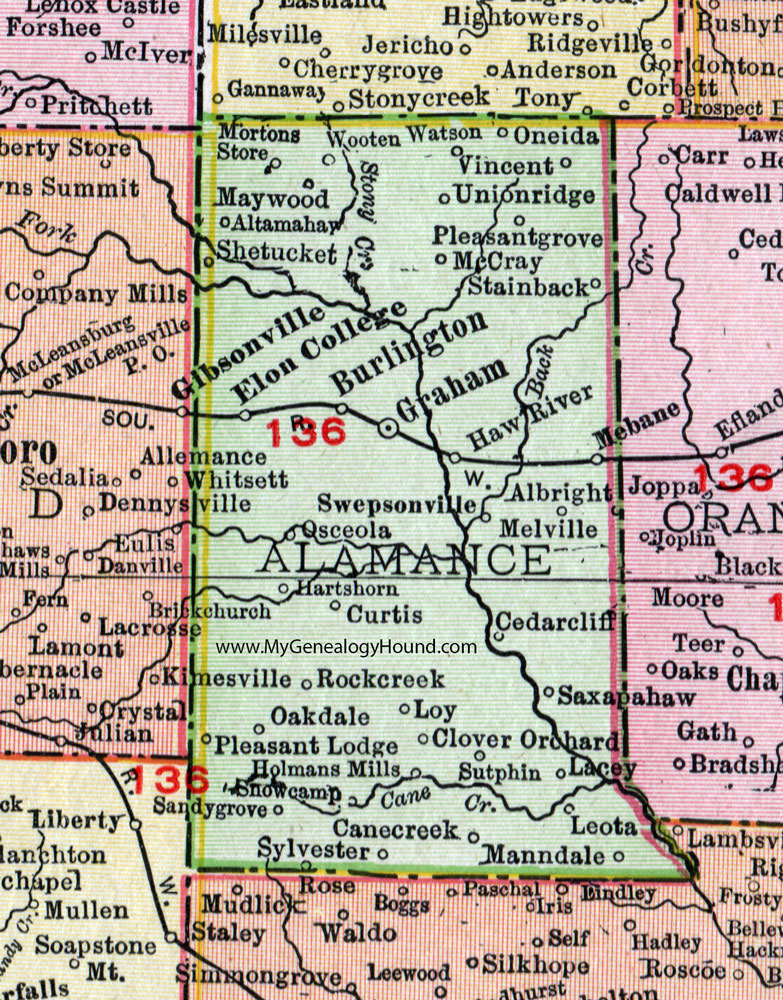 Allamance County, North Carolina, 1911, Map, Rand McNally, Burlington, Graham, Mebane, Elon College, Altamahaw, Swepsonville, Saxapahaw, Snow Camp, Mandale, Sutphin, Melville