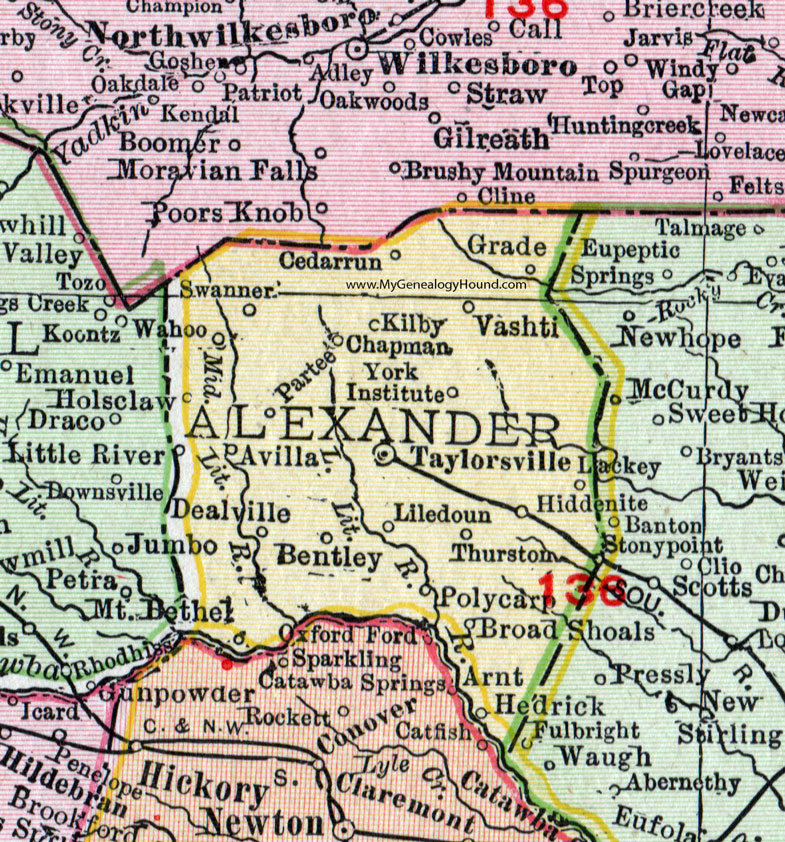 Alexander County, North Carolina, 1911, Map, Rand McNally, Taylorsville, Stony Point, Hiddenite, Little River, Vashti, Swanner, Polycarp, Thurston, Hedrick, Lackey, Partee, Kilby