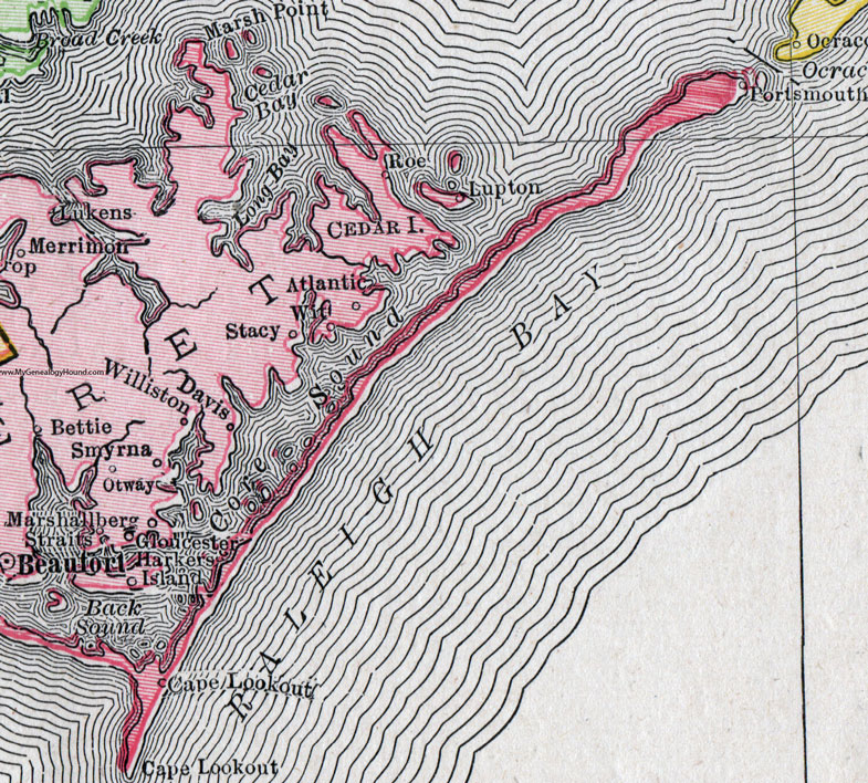 An enlarged view of the eastern half of Carteret County, North Carolina.