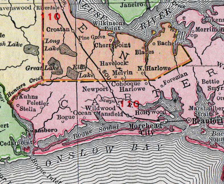 An enlarged view of the western half of Carteret County, North Carolina.