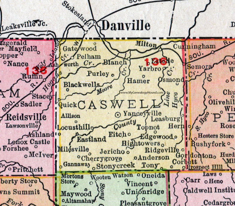 Caswell County, North Carolina, 1911, Map, Rand McNally, Yanceyville, Pelham, Milton, Blanch, Semora, Prospect Hill, Gannaway, Hightowers, Topnot, Hamer, Yarbro, Purley, Milesville, Blackwells