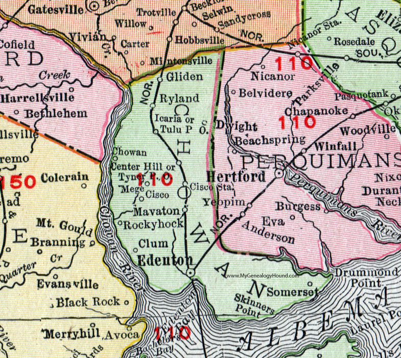 Chowan County, North Carolina, 1911, Map, Rand McNally, Edenton, Somerset, Gliden, Ryland, Icarla, Tulu, Tyner, Mege, Cisco, Mavaton, Rockyhock, Clum, Skinners Point