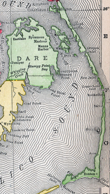 Dare County, North Carolina, 1911, Map, Rand McNally, Manteo, Wanchese, Nags Head, Manns Harbor, Stumpy Point, Hatteras, Frisco, Buxton, Avon, Salvo, Rodanthe, Mashoes, Colington