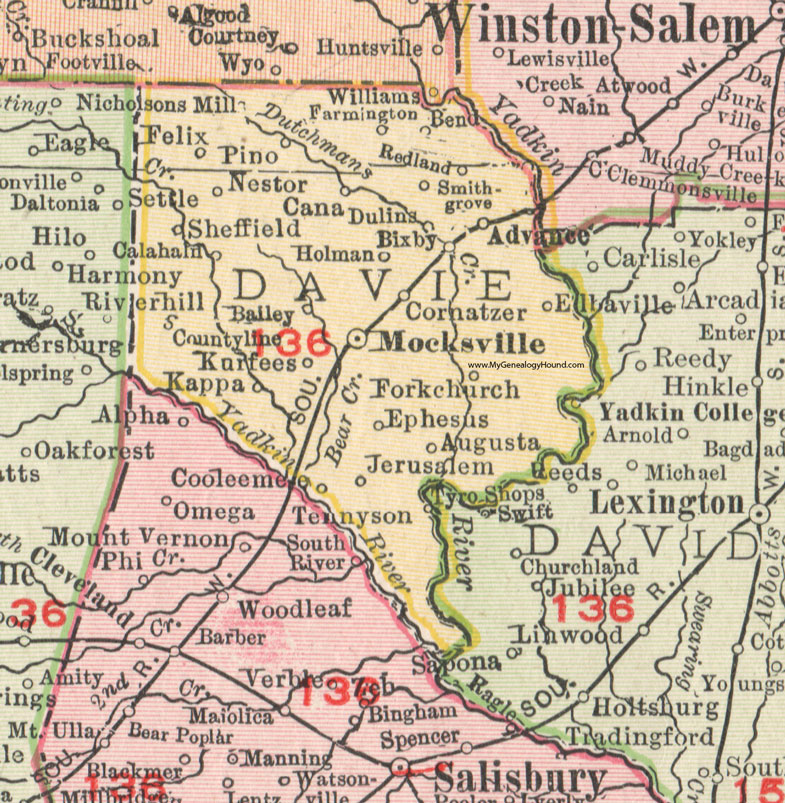 Davie County, North Carolina, 1911, Map, Rand McNally, Mocksville, Advance, Cooleemee, Farmington, Nicholsons Mill, Calahaln, Sheffield, Cornatzer, Kurfees, Elbaville, Bixby, Nestor