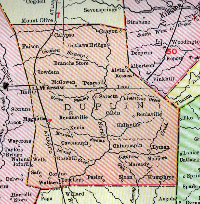 Duplin County, North Carolina, 1911, Map, Rand McNally, Kenansville, Warsaw, Beulaville, Rose Hill, Wallace, Teachey, Magnolia, Chinquapin, Albertson, Faison, Calypso, Outlaws Bridge