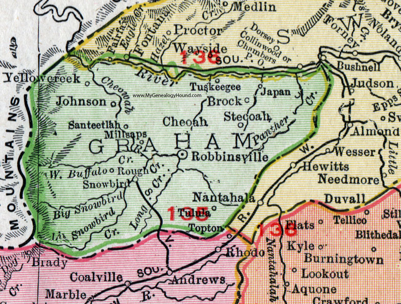 Graham County, North Carolina, 1911, Map, Rand McNally, Robbinsville, Santeetlah, Tuskeegee, Stecoah, Cheoah, Tulula, Brock, Japan, Millsaps, Snowbird, Johnson