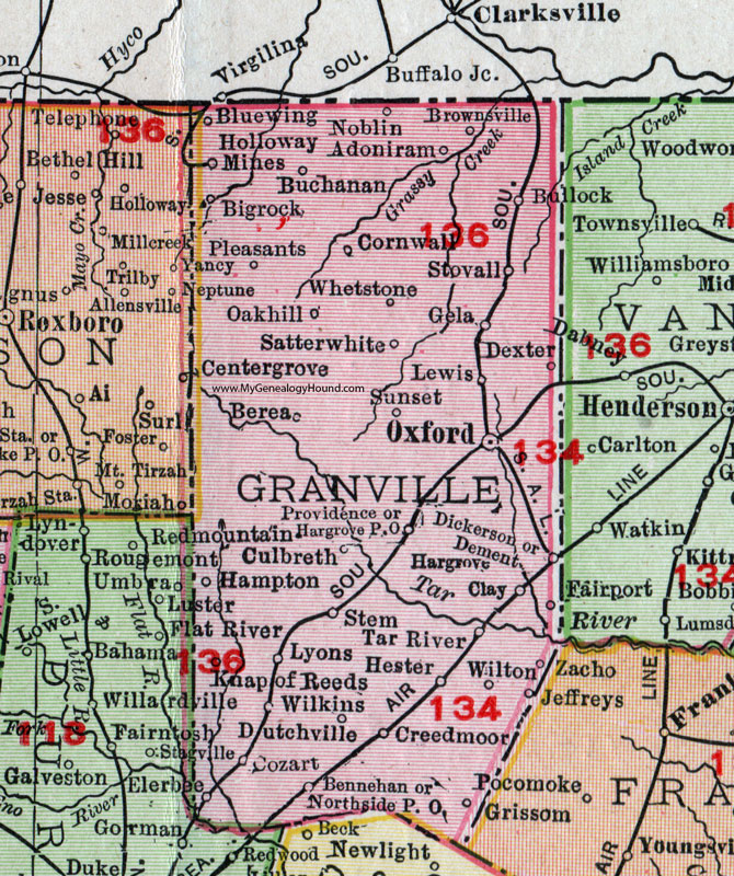 Granville County, North Carolina, 1911, Map, Rand McNally, Oxford, Creedmoor, Stovall, Providence, Bullock, Stem, Satterwhite, Adoniram, Culbreth, Dutchville, Tar River, Cozart, Holloway Mines, Dement