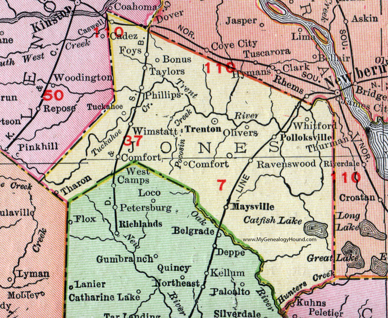 Jones County, North Carolina, 1911, Map, Rand McNally, Trenton, Maysville, Polloksville, Tharon, Wimstatt, Caswell, Ravenswood, Whitford, Comfort, Taylors, Phillips, Olivers, Tuckahoe, Foys, Bonus
