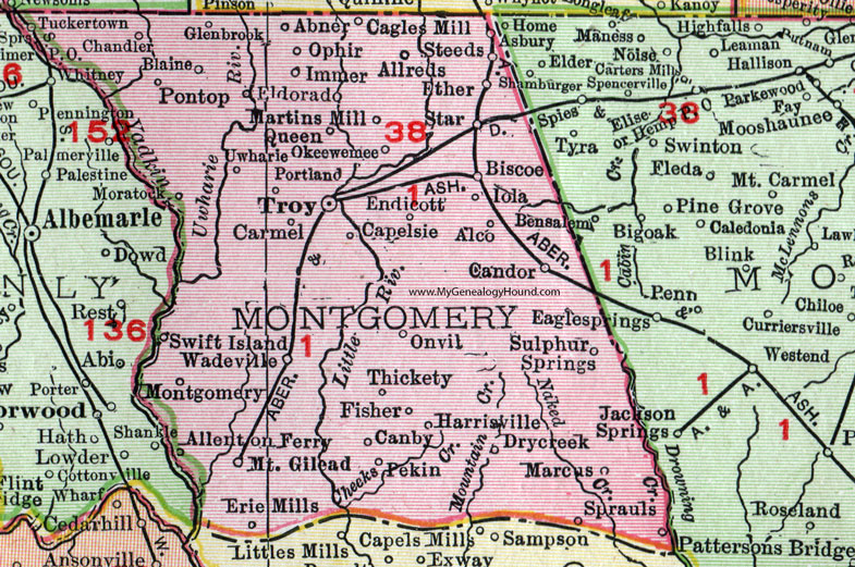 Montgomery County, North Carolina, 1911, Map, Rand McNally, Troy, Candor, Biscoe, Star, Mount Gilead, Ether, Martins Mill, Ophir, Cagles Mill, Sprauls, Erie Mills, Sulphur Springs, Okeewemee, Tuckertown, Pontop