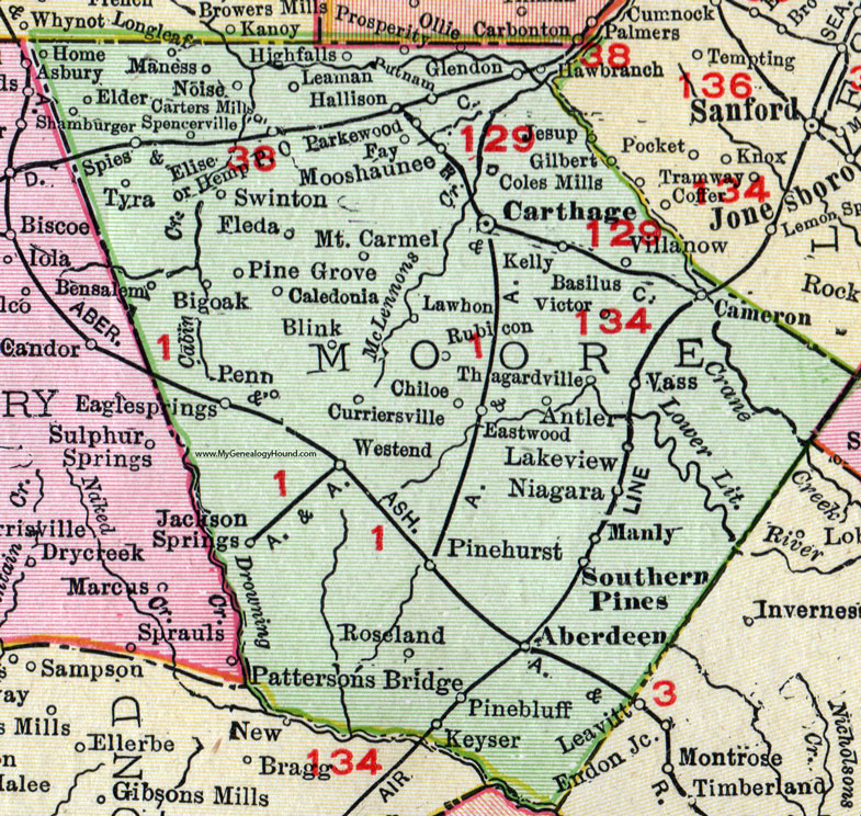 Moore County, North Carolina, 1911, Map, Rand McNally, Carthage, Southern Pines, Aberdeen