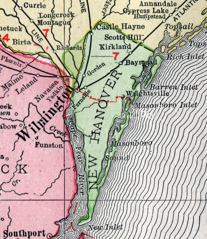 New Hanover County, North Carolina, 1911, Map, Rand McNally, Wilmington, Wrightsville, Kirkland