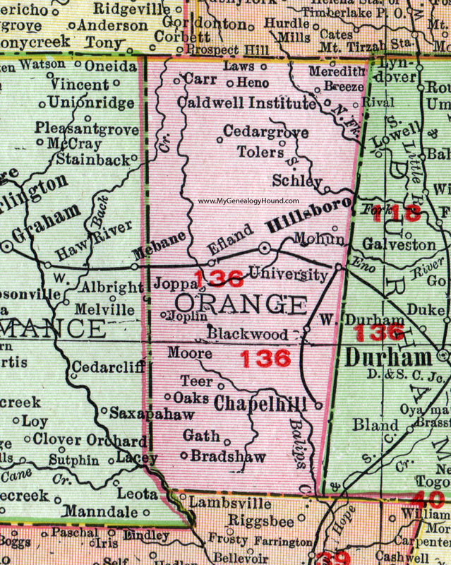 Orange County, North Carolina, 1911, Map, Rand McNally, Hillsborough