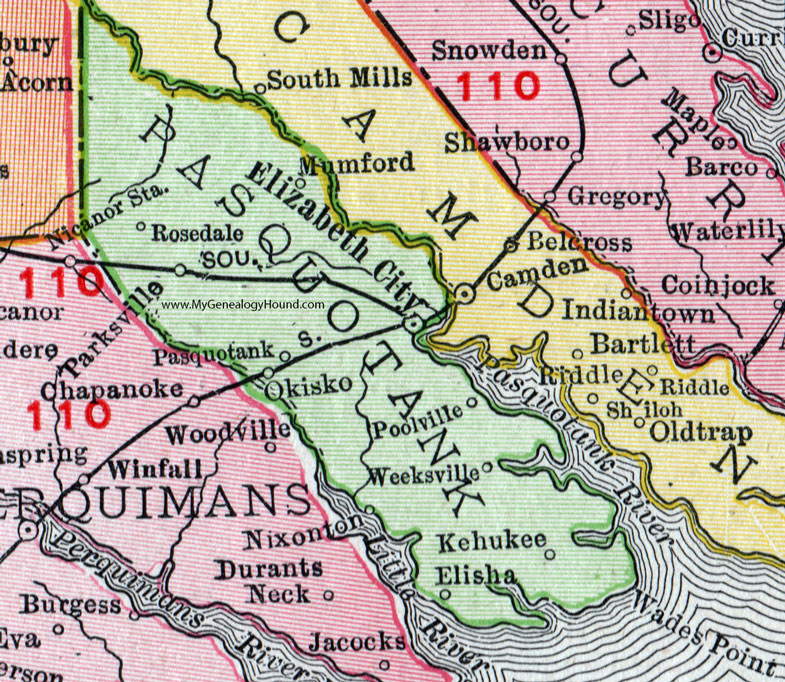 Pasquotank County, North Carolina, 1911, Map, Rand McNally, Elizabeth City, Weeksville, Okisko