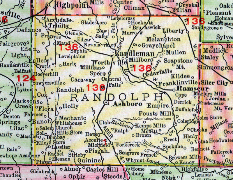 Randolph County North Carolina 1911 Map Rand McNally Asheboro