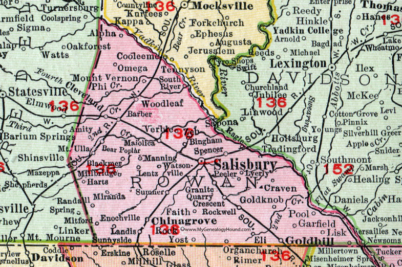 Rowan County, North Carolina, 1911, Map, Rand McNally, Salisbury, Spencer, Cleveland, China Grove, Landis, Rockwell