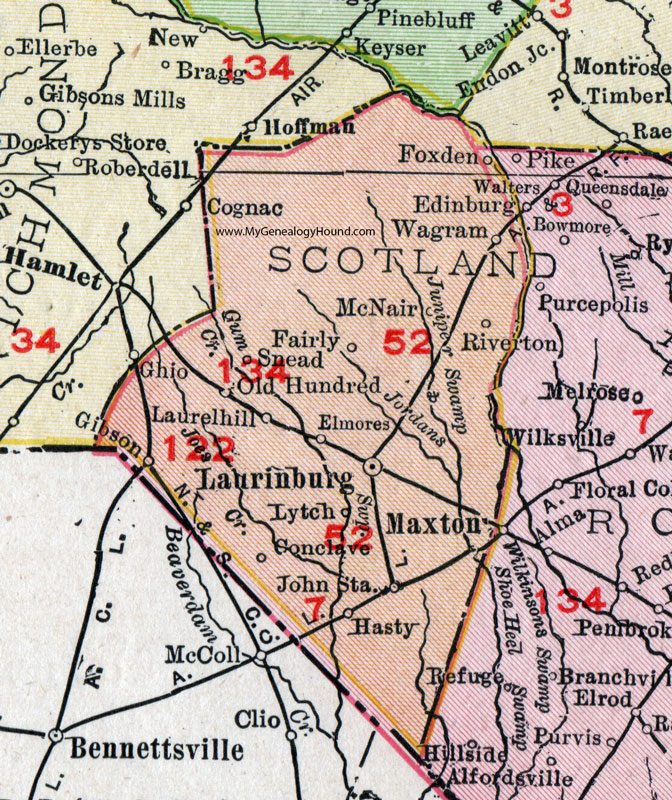 Scotland County, North Carolina, 1911, Map, Rand McNally, Laurinburg, Laurel Hill, Wagram, Gibson, Snead