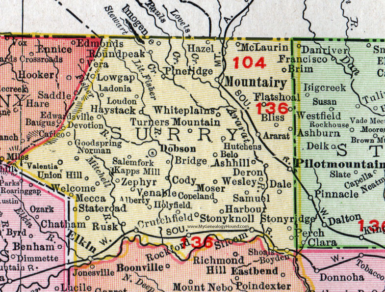 Surry County, North Carolina, 1911, Map, Rand McNally, Dobson, Mount Airy, White Plains, Pilot Mountain, Elkin