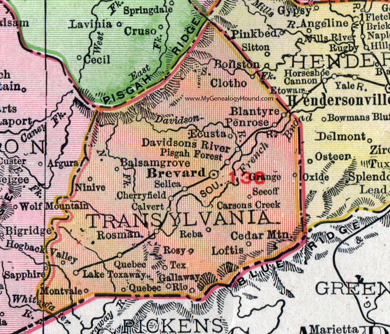 Transylvania County, North Carolina, 1911, Map, Rand McNally, Brevard, Cedar Mountain, Pisgah Forest, Penrose, Rosman, Balsam Grove