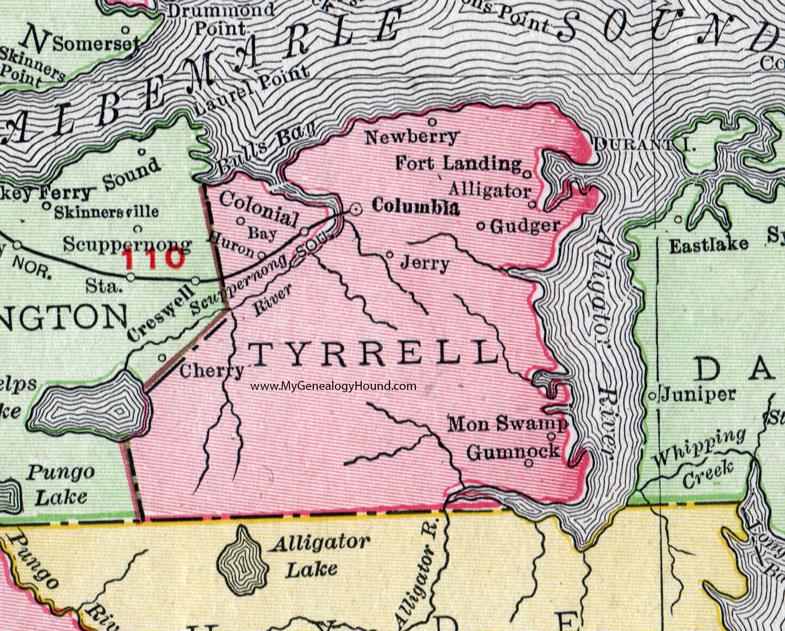 Tyrrell County, North Carolina, 1911, Map, Rand McNally, Columbia, Gudger, Newberry, Gumnock, Fort Landing