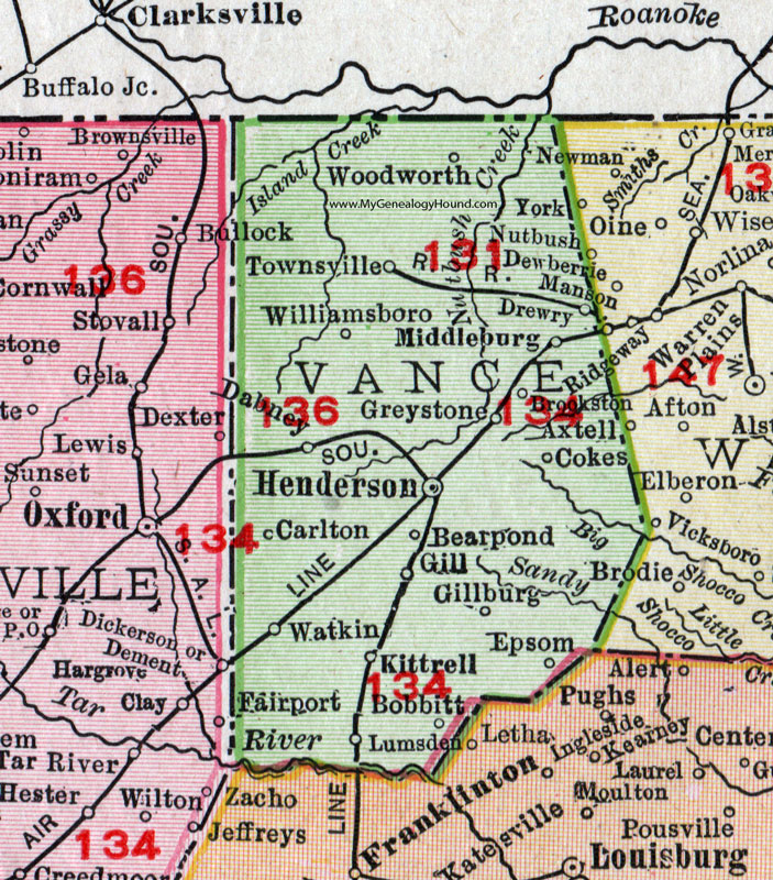 Vance County, North Carolina, 1911, Map, Rand McNally, Henderson, Kittrell, Middleburg, Townsville, Bobbitt, Woodworth