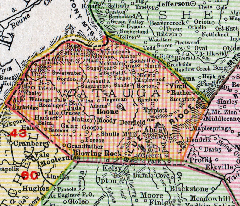 Watauga County, North Carolina, 1911, Map, Rand McNally, Boone, Blowing Rock, Triplett, Vilas, Sugar Grove, Valle Crucis