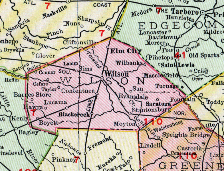 Wilson County, North Carolina, 1911, Map, Rand McNally, Wilson City, Elm City, Stantonsburg, Saratoga, Black Creek, Lucama, Sims