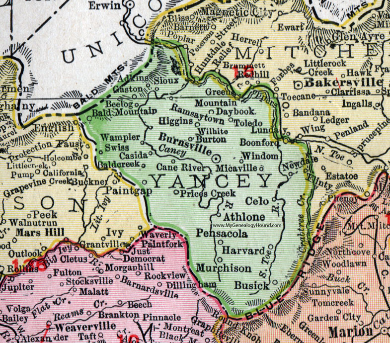 Yancey County, North Carolina, 1911, Map, Rand McNally, Burnsville, Green Mountain, Micaville, Wampler, Sioux, Busick, Murchison