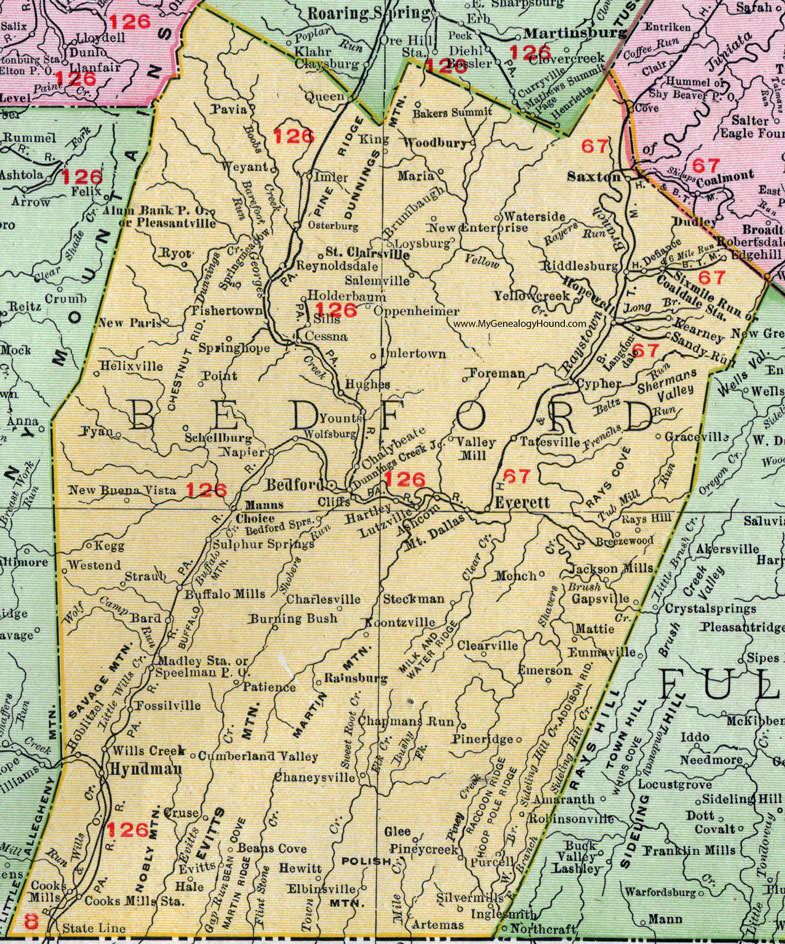 Bedford County, Pennsylvania 1911 Map by Rand McNally, Everett, St. Clairsville, Saxton, Hopewell, Breezewood, Manns Choice, Buffalo Mills, Schellsburg, Clearville, Hyndman, Fishertown, New Paris, PA