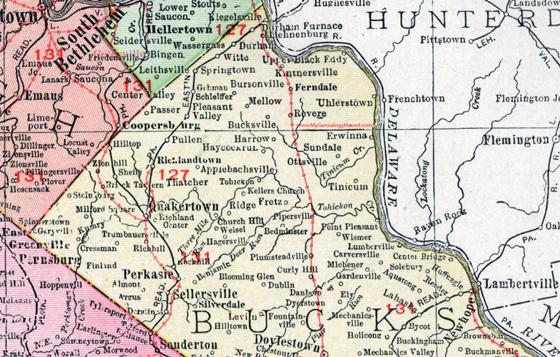 Northern Bucks County, Pennsylvania on an 1911 map by Rand McNally.