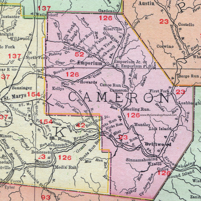 PA Cameron County Pennsylvania 1911 Map Rand McNally Emporium Driftwood Sterling Run 