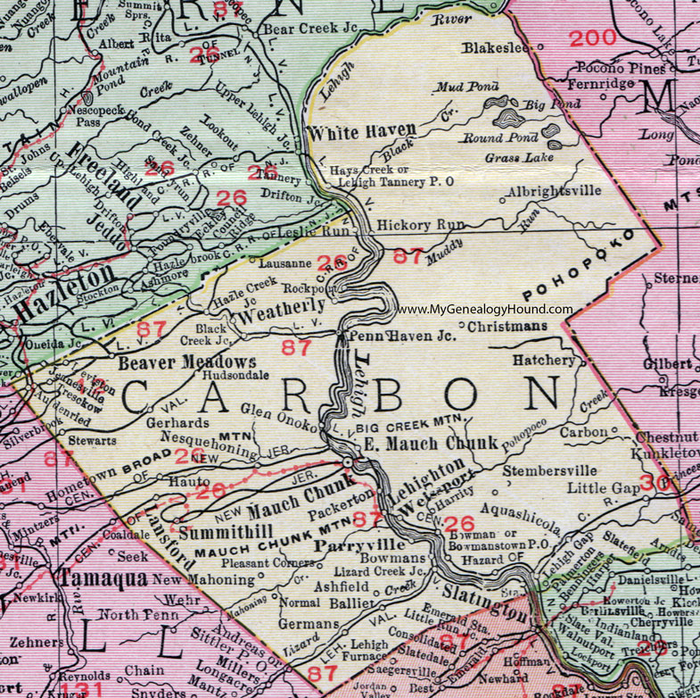 Carbon County, Pennsylvania 1911 Map by Rand McNally, Mauch Chunk, Lehighton, Weissport, Aquashicola, Parryville, Albrightsville, Summit Hill, Lansford, Nesquehoning, Weatherly, Palmerton, Beaver Meadows, PA