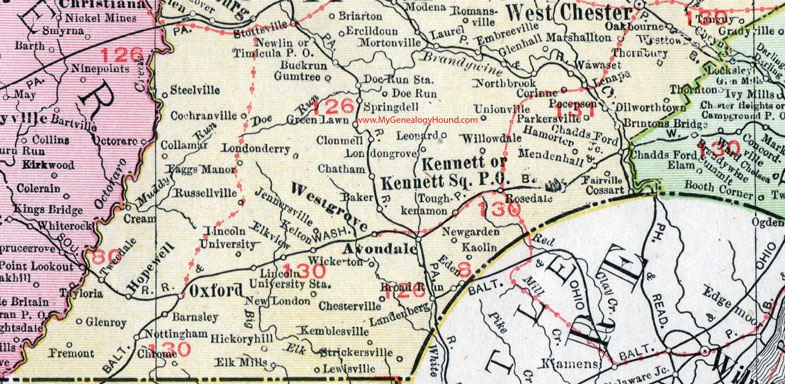 Southern Chester County, Pennsylvania on an 1911 map by Rand McNally.