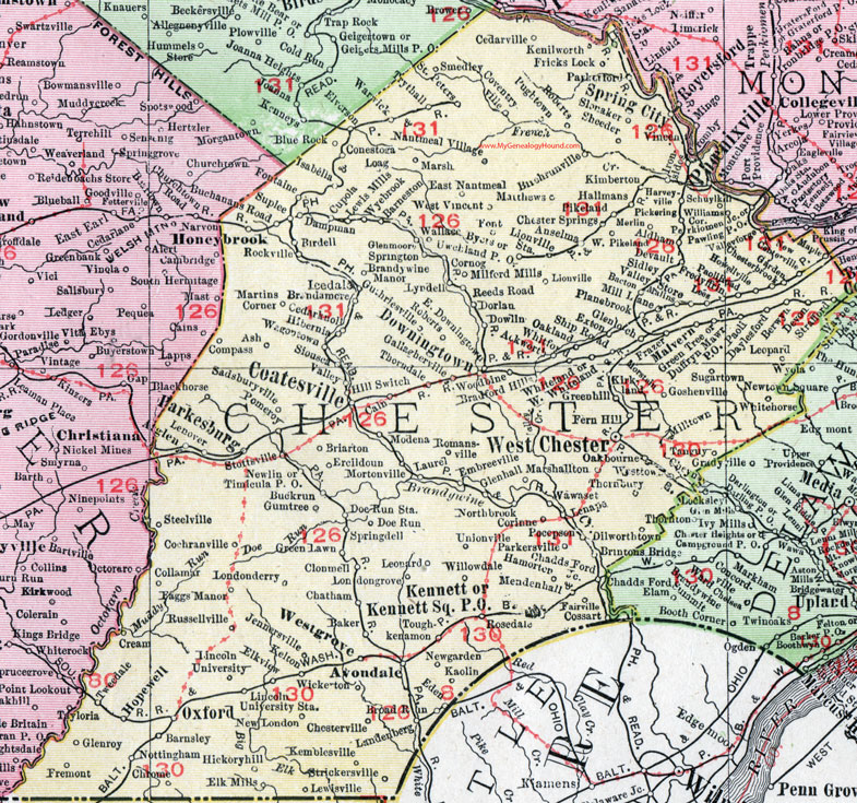 Chester County, Pennsylvania 1911 Map by Rand McNally, Coatesville, Phoenixville, West Chester, Spring City, Harkesburg, Kennett, Downington, West Grove, Oxford, Avondale, PA