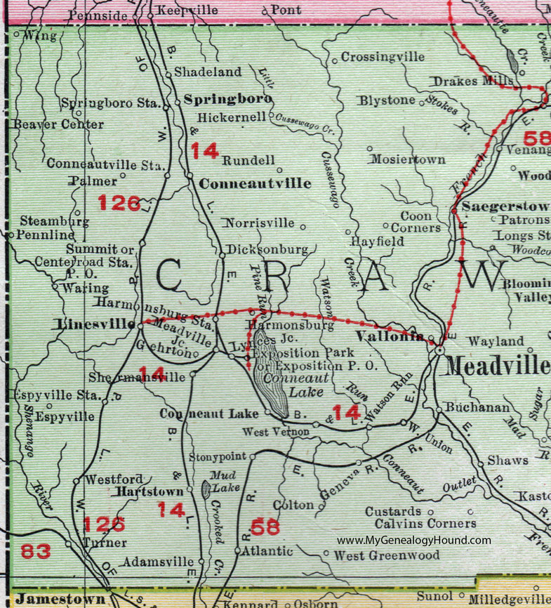 Western Crawford County, Pennsylvania on an 1911 map by Rand McNally.