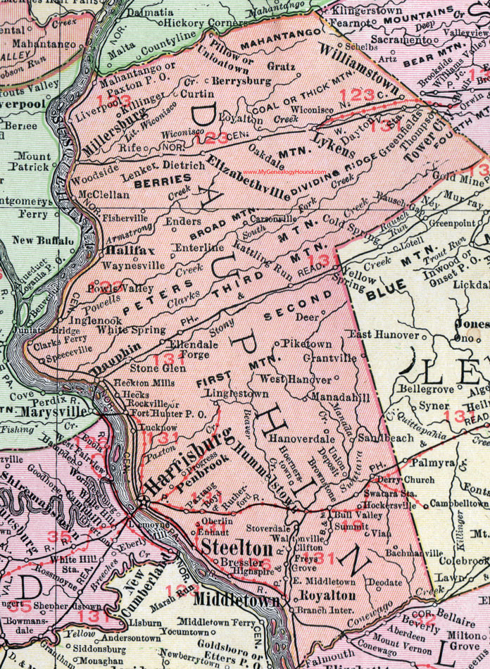Dauphin County, Pennsylvania 1911 Map by Rand McNally, Harrisburg, Steelton, Middletown, Halifax, Williamstown, Hummelstown, Royalton, Lykens, Millersburg, Penbrook, Gratz, PA