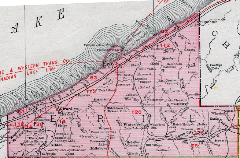 Erie County, Pennsylvania 1911 Map by Rand McNally, Corry, Union City, Waterford, Northeast, Edinboro, Girard, Albion, McKean, Wattsburg, Mill Village, Elgin, Cranesville, West Springfield, PA