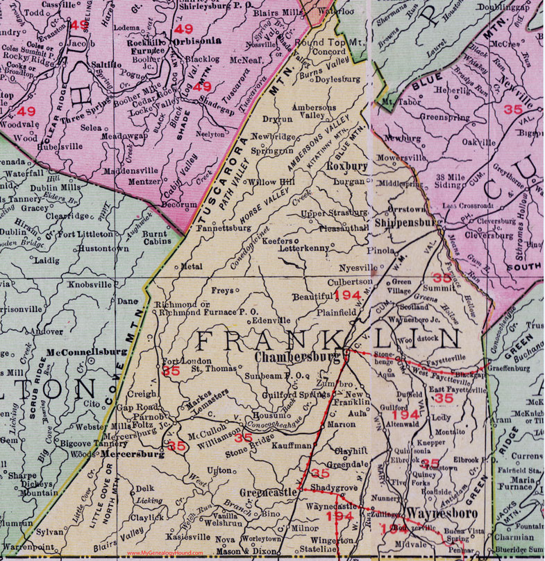 Franklin County, Pennsylvania 1911 Map by Rand McNally, Chambersburg, Waynesboro, Mercersburg, Roxbury, Greencastle, Fayetteville, Pleasant Hall, Fort Loudon, Rouzerville, Zullinger, Marion, Saint Thomas, Lemasters, PA