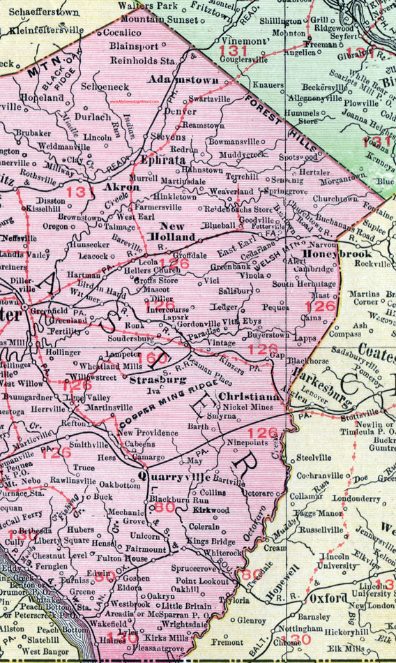 Eastern Lancaster County, Pennsylvania on an 1911 map by Rand McNally.