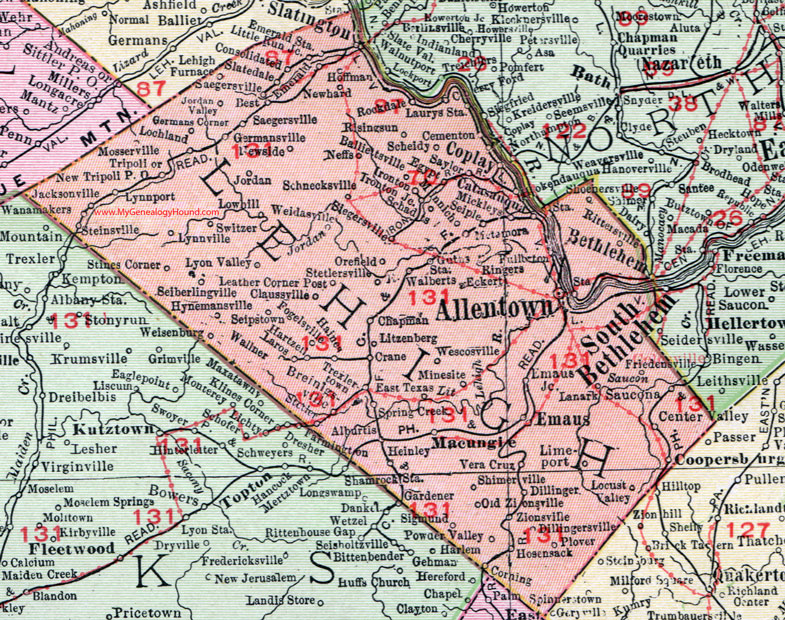 PA Lehigh County Pennsylvania 1911 Map Rand McNally Allentown 