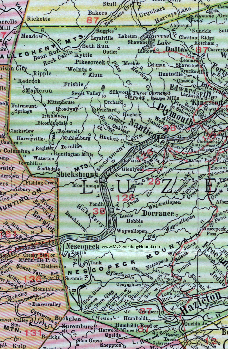 Western Luzerne County, Pennsylvania on an 1911 map by Rand McNally.