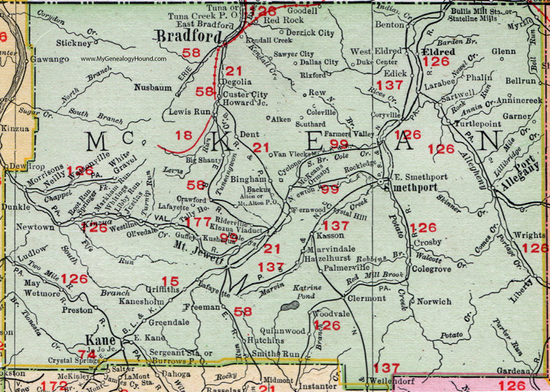 McKean County, Pennsylvania 1911 Map by Rand McNally, Bradford, Smethport, Kane, Port Allegany, Mt. Jewett, Eldred, Derrick City, Ludlow, Custer City, Lewis Run, Cyclone, Westline, Turtlepoint, Crosby, PA