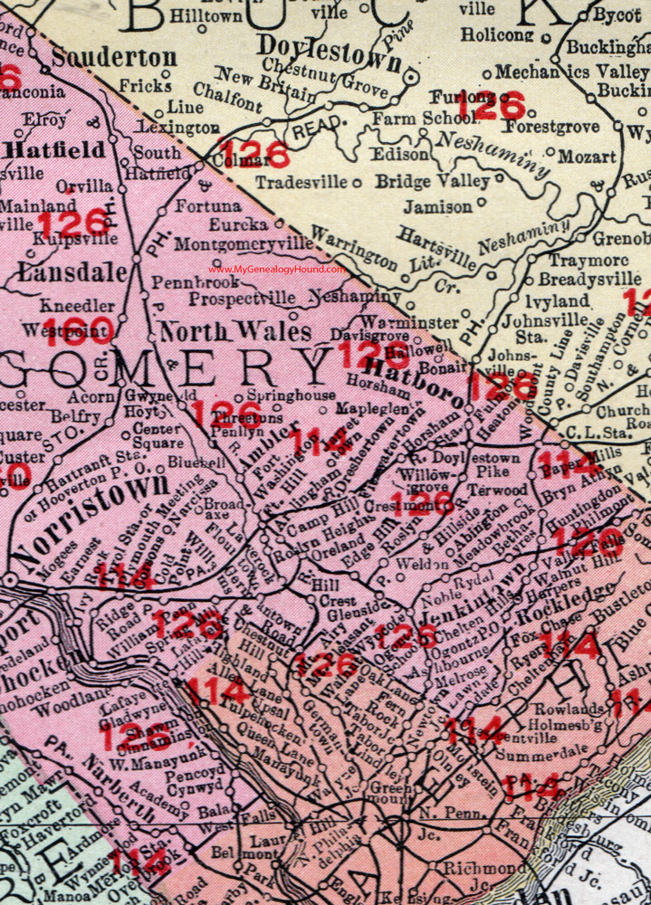 Eastern Montgomery County, Pennsylvania on an 1908 map by Rand McNally.